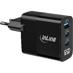 InLine® USB PD Netzteil, GaN Ladegerät, 3-Port, USB-C + USB-A, 65W, mit Display 31552