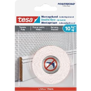 tesa Montageband, 1,5m x 19mm, für Tapeten und Putz, bis zu 10kg/m, weiß 11620L