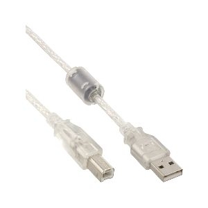 InLine® USB 2.0 Kabel, A an B, transparent, mit Ferritkern, 5m 34555