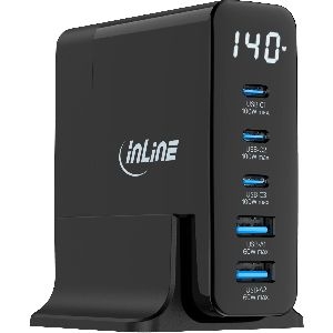 InLine® USB PD Netzteil, GaN Ladegerät, 5-Port, USB-C + USB-A, 140W, mit Display 31553